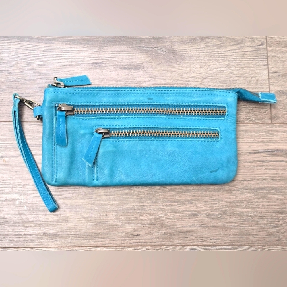 Holding Horses Leather Wristlet Wallet Blue Zipper Weatern Cowgirl Boho Cottage